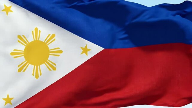 A detailed close-up of the flag of the Philippines, showcasing its vibrant colors of blue, red, and white, along with the iconic yellow sun and three stars.