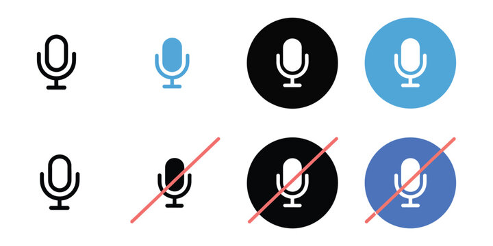 Microphone icon set featuring mute, karaoke, and vocal symbols in grey, blue, and black button styles for audio apps.