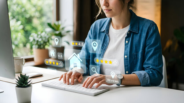 Woman typing on keyboard with virtual house review icons