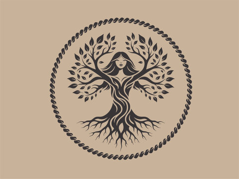 Stylized tree of life with female face emblem family tree folk art spirituality feminine branches illustration silhouette mythology fertility connection genealogy heritage creation