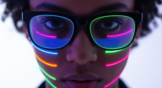 Close up of dark complexion face wearing stylish eyewear. Vibrant neon reflections dance across the skin and lenses. Intense direct gaze, eyewear, bright, looking