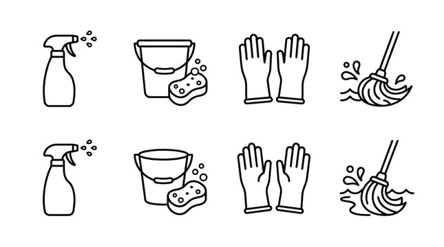 A set of cleaning supplies icons, including spray bottles, buckets with sponges, gloves, and mops, presented in a clean, minimalist line art style.
