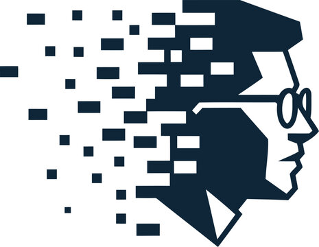 Person with glasses and disintegrating pixelated head in a digital concept