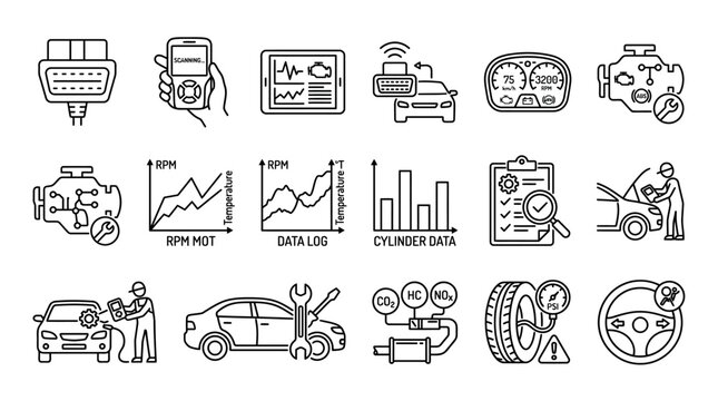 Collection of line art icons representing automotive diagnostics, car repair, engine analysis, and vehicle data logging.