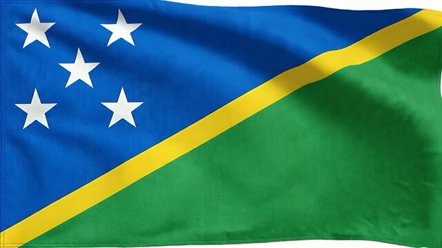 This video displays the flag of the Solomon Islands, featuring a blue field with five white stars in the upper left corner and a green field in the lower right, divided by a yellow stripe.