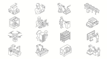 Fototapeta premium Collection of isometric line art icons representing various aspects of modern industry, automation, and technology.