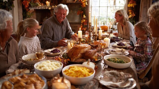Warm Thanksgiving dinner scene with a traditional roast turkey and autumn d&Atilde;&copy;cor on a wooden table