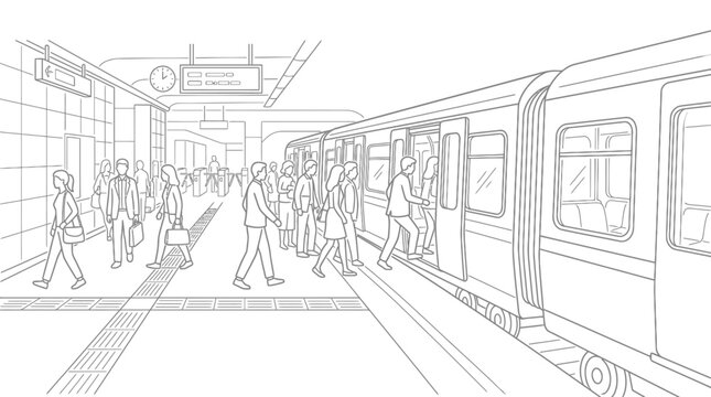 A busy subway station platform with passengers boarding and disembarking a train.