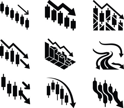 Stock market crash icons bearish trends declining investments financial downturn
