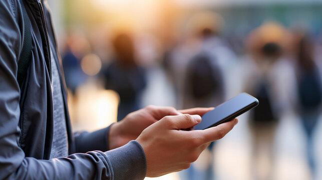 Faceless man student using a smartphone on a campus for online chatting, social media, and app interaction in a college lifestyle concept. Defocused campus background. Student