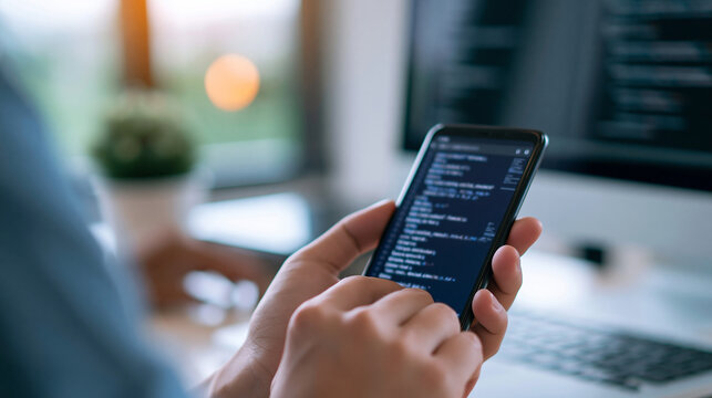 Faceless programmer reviewing code on a smartphone for a software development and mobile coding concept. Defocused background. Programmer code smartphone, software development,