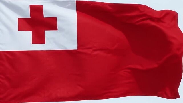 The flag of Tonga is depicted, featuring a bold red field with a white rectangle in the top left corner, containing a red cross.