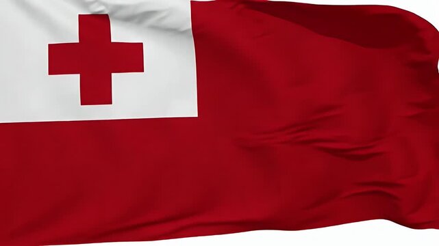A vibrant video showcases the national flag of Tonga in motion. The flag features a red field with a white rectangle in the upper left corner containing a red cross.