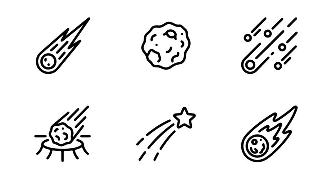 Cosmic Meteorite Icon Set, Asteroid and Comet Line Art, Space Object Vector Collection
