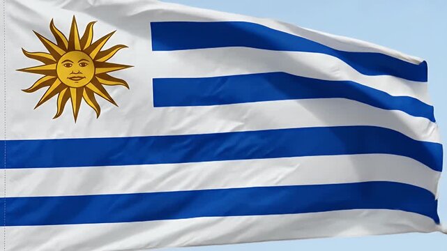 The video captures the national flag of Uruguay waving in the breeze. The flag features nine alternating white and blue horizontal stripes and a golden Sun of May in the top left corner on a white
