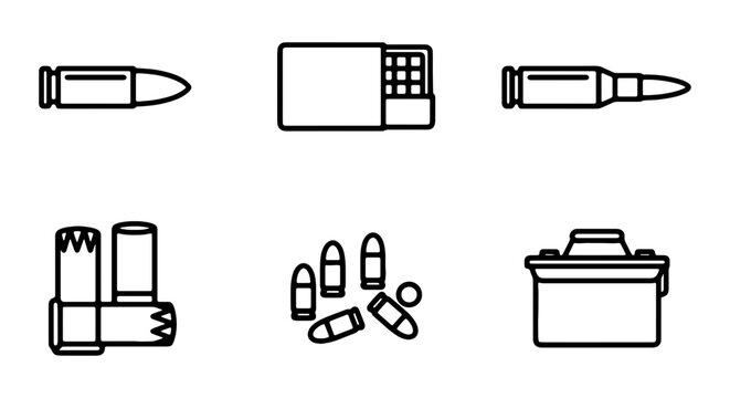 Ammunition icons, bullet cartridges, shotgun shells, ammo box, vector collection