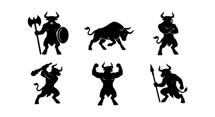 Naklejka premium Mythical Minotaur Silhouettes, Warrior Bull Icons, Ancient Greek Monster Vector Set