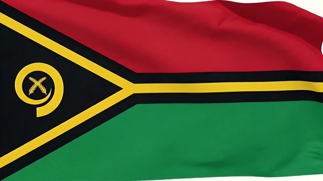 The video showcases the national flag of Vanuatu, featuring a horizontal design with red, green, and black colors divided by a yellow Y-shape.