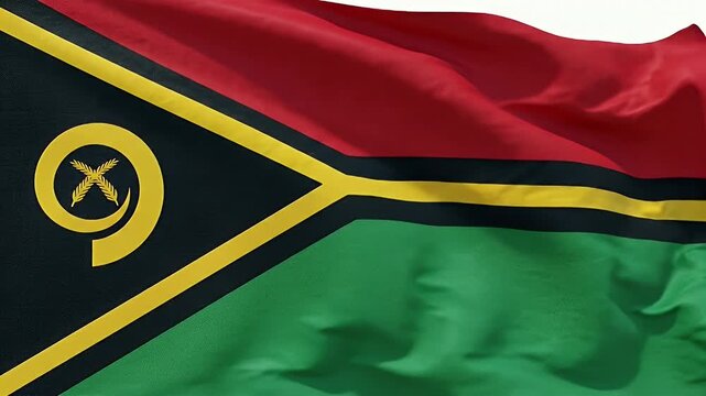 A close-up view of the Vanuatu national flag waving in the wind. The flag features distinctive colors of red, green, yellow, and black, with an emblem on the field.