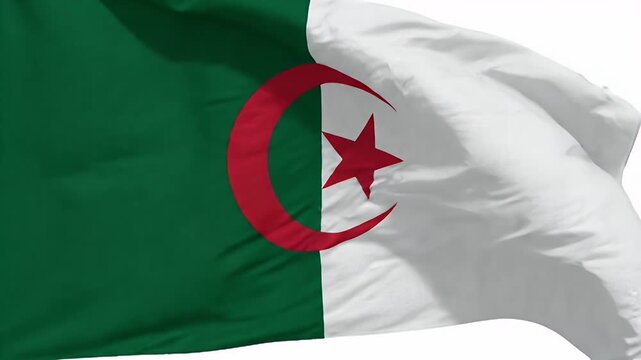 The Algerian flag features a green and white background with a red star and crescent in the center. The flag waves slightly in this shot.