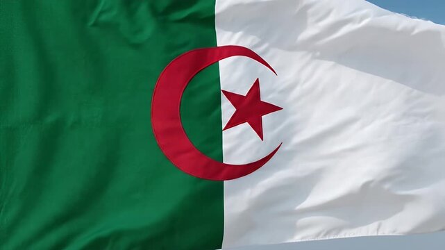 A close-up shot showcases the national flag of Algeria gently waving in the wind, featuring its iconic green and white colors, along with the red star and crescent symbol.