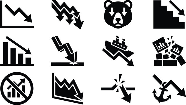 Collection of downward trend and decline icons for business and finance