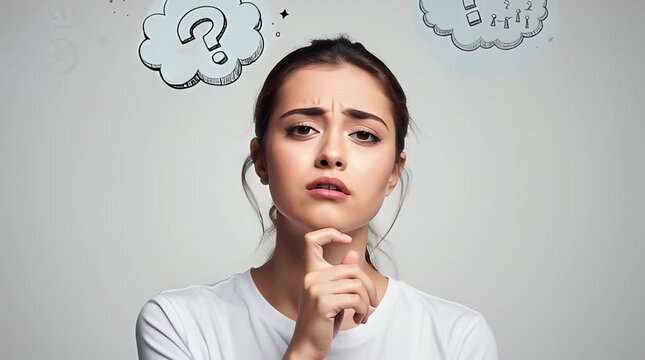 Woman thinking with question marks.