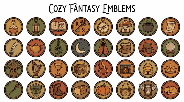 Set of cozy fantasy hand-drawn circular emblems with medieval and magical elements