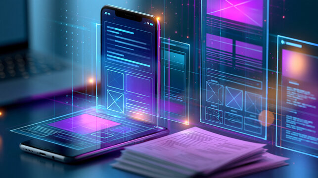 App development wireframe documents and design illustration for site features, UI templates, and mobile software prototype with UX mapping. Wireframe documents app, UI template,