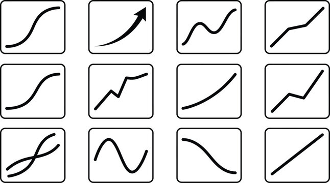 Growth trend icons black line graphs in rectangular frames
