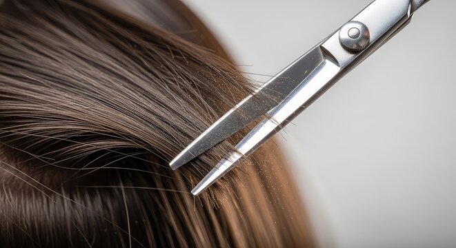 Close-up of professional shears trimming damaged hair tips using the dusting technique to remove split ends while maintaining the length, scissors, dark, healthy
