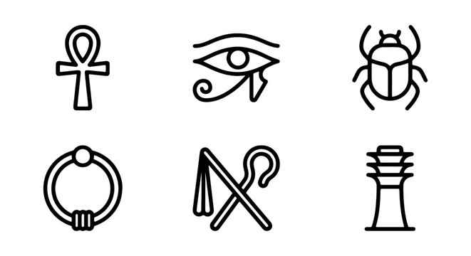 Ancient Egyptian Symbols Vector Icons: Ankh, Eye of Horus, Scarab, Djed Pillar