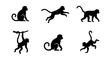 Fototapeta premium Monkey Silhouettes: Six Primate Poses, Jungle Animals Vector Set, Wildlife Icons