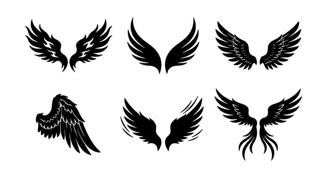 Black Wing Icons Set, Angel Feather Wings Vector Graphics, Fantasy Creature Emblems