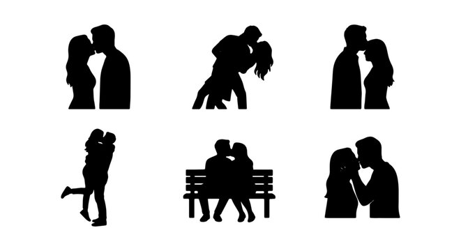 Couple Silhouette Collection, Romantic Kissing Poses, Love Vector Icons, Valentine's Day Graphics
