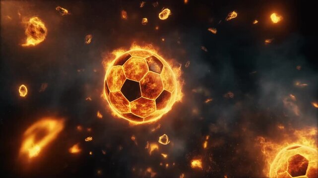 Floating Fire Soccer Ball with Dramatic Sports Energy Animation