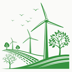 Green wind turbines and trees on a hill © Jahid