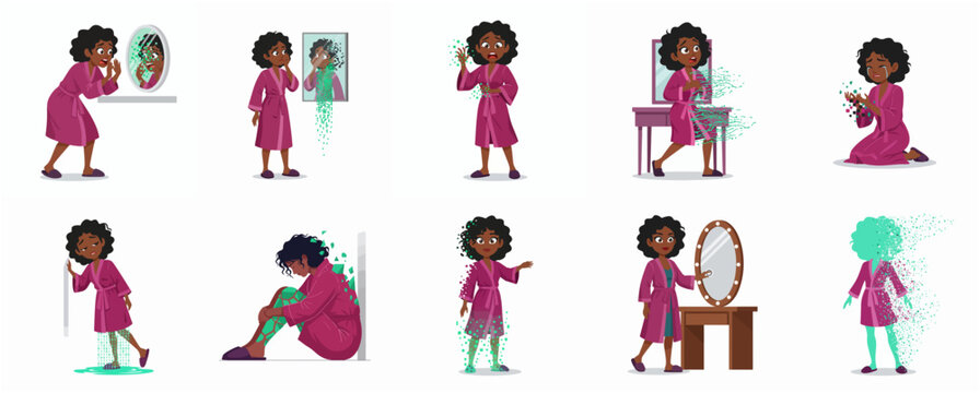 Digital Disintegration Concept Set: African American Woman Experiencing Identity Crisis and Mental Health Issues Through Pixelation Glitches