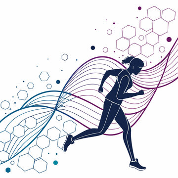 Dark blue silhouette of a woman running with colorful abstract lines and hexagons
