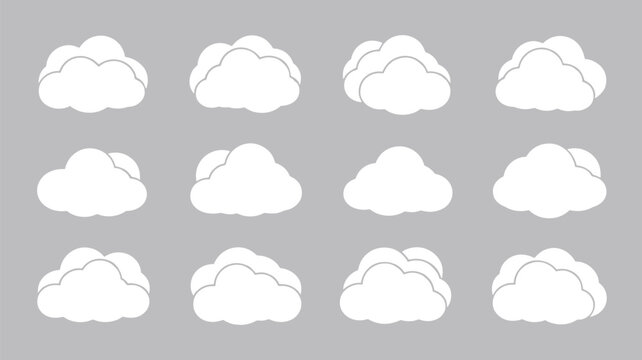 Collection of Twelve White Cloud Icons on Gray Background