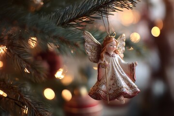 Obraz premium Macro shot of a holiday angel tree decoration with soft glow and textured gown