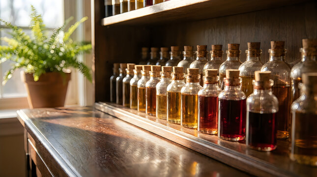 Rows of small glass bottles filled with various colored liquids, likely essential oils or tinctures, line a polished wooden shelf, bathed in warm sunlight from a nearby window.