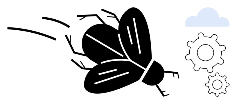 Technology, software development, debugging, error fixing, digital optimization, innovation. Illustration shows a bug with motion lines, a cloud and gears. Debugging and software development concept