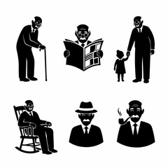 Grandfather reading book silhouette isolated on white background artwork