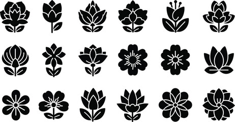 Black floral silhouettes, 16 flower on white background, flowers © hr graphics