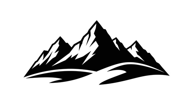 Mountain range silhouette graphic with snowy peaks and river