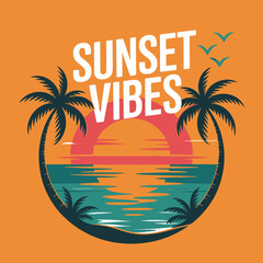 Fototapeta premium Sunset vibes tropical beach scene with palm trees and ocean reflection three birds fly in the sky tropical reflection silhouette vacation beautiful