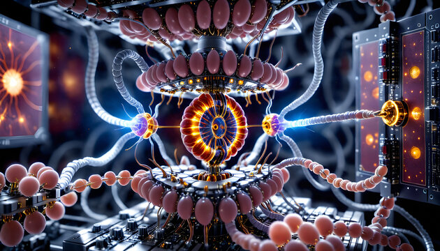 Futuristic Quantum Machine with Glowing Components and Neural Network Elements
