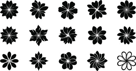 Black floral silhouettes, 15 flower shapes with white details on white background, flowers © hr graphics