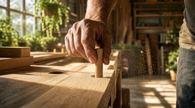 Skilled Carpenter Hand Inserting Wooden Dowel into Workbench Hole